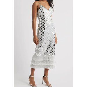 Saylor Suni Silver Sequin Fringe Cocktail Holiday NYE Dress Size Small